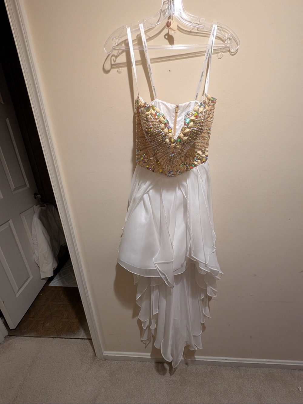 Sherri Hill White Chiffon High-Low Dress with Gold Beaded Bodice